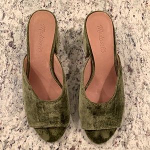 Green velvet block heels